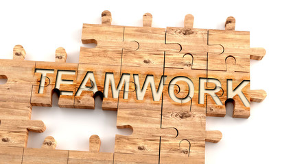 Complex and confusing teamwork: learn complicated, hard and difficult concept of teamwork,pictured as pieces of a wooden jigsaw puzzle creating a whole, completed word, 3d illustration
