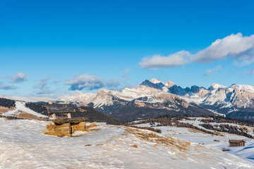 Dream atmosphere and views. Winter on the Alpe di Siusi, Dolomites. Italy