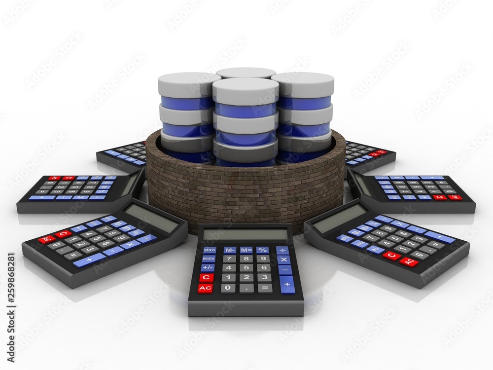 Poster 3d rendering database storage data base with calculator