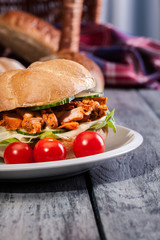 Fried chicken meat with cheese and vegetables in bun