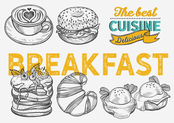 Breakfast and brunch food illustration - bagel, coffee, pancake, egg 