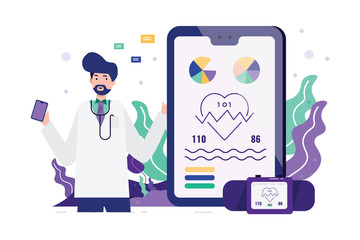 Doctor with smart devices and application for health. Technology Innovation and medicine concept. flat design vector illustration