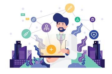 Doctor holding tablet with data graphics. Technology Innovation and medicine concept. flat design vector illustration