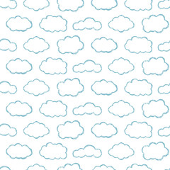 Blue clouds seamless pattern. Pencil texture. Baby background.