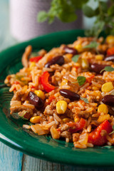 Mexican rice with minced meat and vegetables.