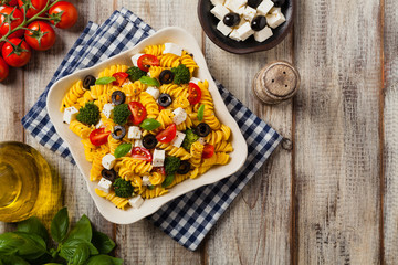 Salad with pasta and feta cheese