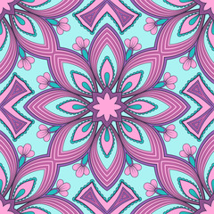 Decorative colorful ethnic seamless pattern for fabric or wrapping in oriental style. Hand drawn illustration