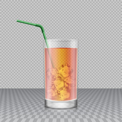 Realistic transparent glass of drink with ice cubes and drinking straw in it