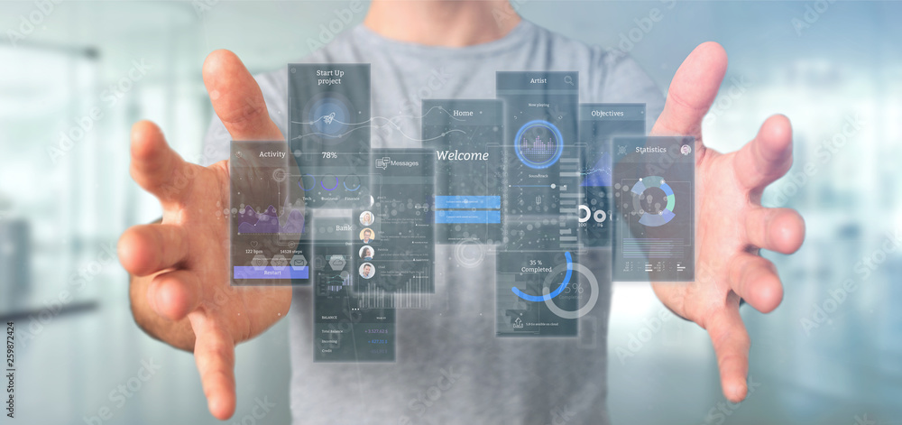Poster businessman holding user interface screens with icon, stats and data 3d rendering