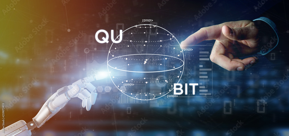 Poster cyborg hand holding quantum computing concept with qubit icon 3d rendering
