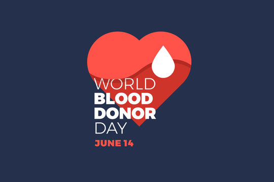 World blood donor day. Emblem with image of red heart on dark background. Medical sign on June 14. Vector illustration.