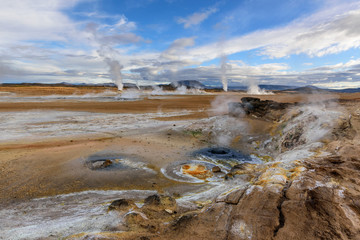 Amazing landscape in the north of Iceland near Lake Myvatn. Panoramic view in myvatn geothermal area. Beautiful landscape in Iceland in an area of active volcanism.