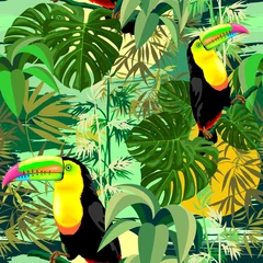 Garden poster Draw Toucan in Green Amazonia Rainforest Seamless Pattern Vector Design