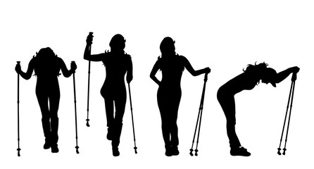 Vector silhouette of woman who sport with nordic walking on white background.