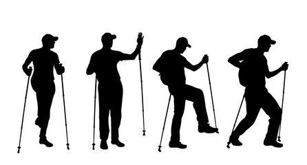 Vector silhouette of man who sport with nordic walking on white background.