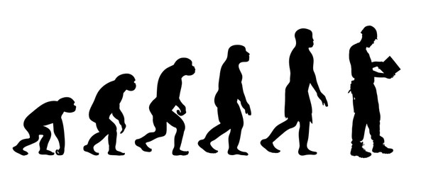 Theory of evolution of man. Vector silhouette of homo sapiens. Symbol from monkey to worker.