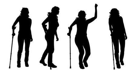 Obraz premium Vector silhouette of woman who walking with crutches on white background. Symbol of injury.