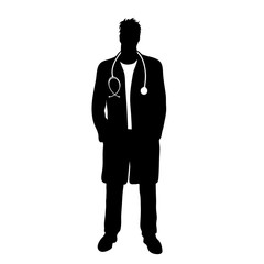 Vector silhouette of doctor with coat and stethoscope on white background. Symbol of healthy and hospital.