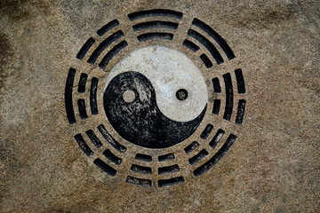 Yin yang symbol on sand rock in China