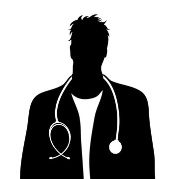 Vector silhouette of doctor with coat and stethoscope on white background. Symbol of healthy and hospital.
