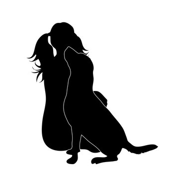 Vector silhouette of woman with dog on white background. Symbol of friendship.