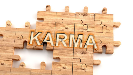 Complex and confusing karma: learn complicated, hard and difficult concept of karma,pictured as pieces of a wooden jigsaw puzzle creating a whole, completed word, 3d illustration