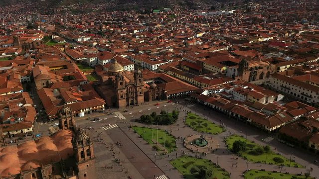 Aerial drone view of the main square of Cusco town - Plaza de Armas. Peru, South America.