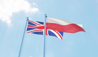 UK and Poland, two flags waving against blue sky. 3d image