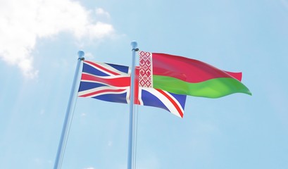 UK and Belarus, two flags waving against blue sky. 3d image