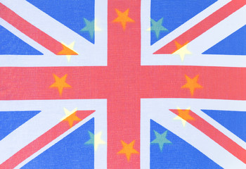 Background of EU and UK waving flags, part of European flag visible through transparent Union Jack with copy space. Brexit and cooperation concept, deal or no-deal
