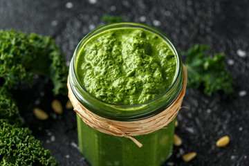 Vegan kale pesto with roasted pine nuts and sea salt flakes