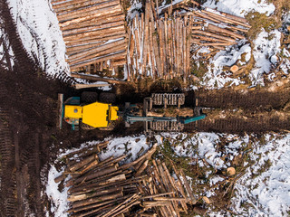 Lumberjack timber with modern harvester working in forest. Top view aerial photo