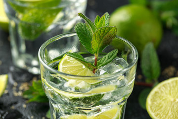 Mojito cocktail with Rum, lime and mint in glass. Summer cold drink with ice