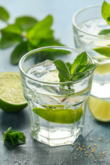Mojito cocktail with Rum, lime and mint in glass. Summer cold drink with ice