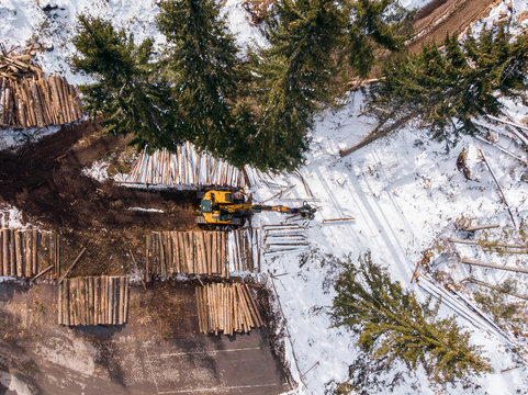 Lumberjack timber with modern harvester working in forest. Top view aerial photo