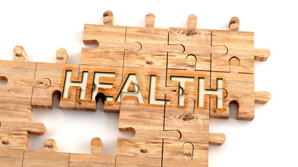 Complex and confusing health: learn complicated, hard and difficult concept of health,pictured as pieces of a wooden jigsaw puzzle creating a whole, completed word, 3d illustration