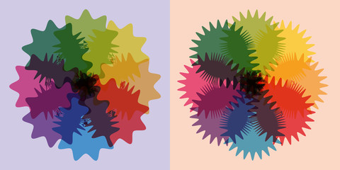 Two abstract rainbow color gearwheel like objects