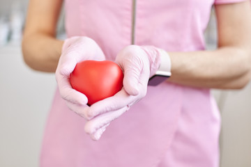 Red plastic heart in female hands, symbol of cardiology department, faceless image of nurse or doctor cardiologist dressed rose medical gown holding heart. Medicine, treatment, cardiology concept.