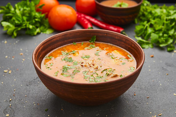 Traditional Georgian soup Kharcho with meat and rice on dark stone background