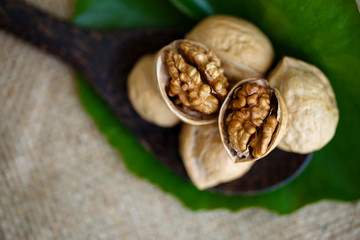 walnuts on lotus leaf and ramie sheet