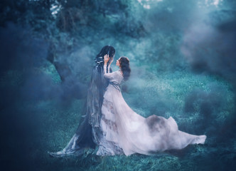 brunette girl ghost and spirit of nightly mysterious cold blue forest, lady in white vintage lace...