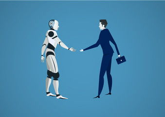 Businessman shaking robots hand for investment. human vs robot  futuristic background. Illustration