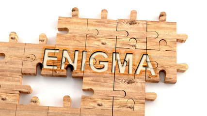 Complex and confusing enigma: learn complicated, hard and difficult concept of enigma,pictured as pieces of a wooden jigsaw puzzle creating a whole, completed word, 3d illustration