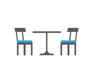 Empty table with soft chairs, cafe furniture. Daily view of dinner place, board with colorful seats isolated on white, flat view of restaurant furnishings vector