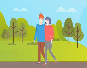 Obraz na płótnie Canvas Man and woman walking vector couple in green spring forest. Girlfriend and boyfriend spend time together, people in love dating outdoors among trees