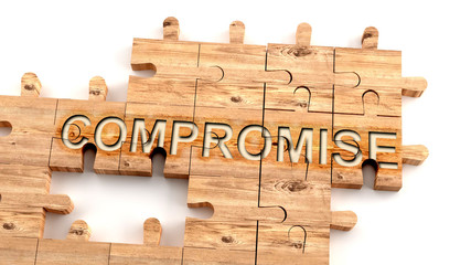 Complex and confusing compromise: learn complicated, hard and difficult concept of compromise,pictured as pieces of a wooden jigsaw puzzle creating a whole, completed word, 3d illustration