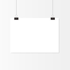 White poster hanging. Mock up empty paper blank. Vertical template. Vector illustration