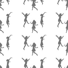 Three happy girls jumping for joy. Seamless Wallpaper pattern.  The ability to stretch to any size in all directions without loss of quality.  Vector illustration. 