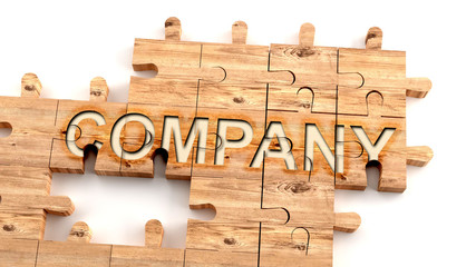 Complex and confusing company: learn complicated, hard and difficult concept of company,pictured as pieces of a wooden jigsaw puzzle creating a whole, completed word, 3d illustration