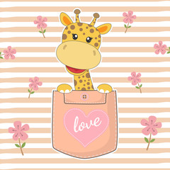 Greeting card adorable little giraffe baby in the pocket.